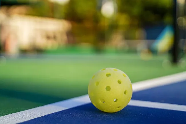 A pickleball on a pickleball court.