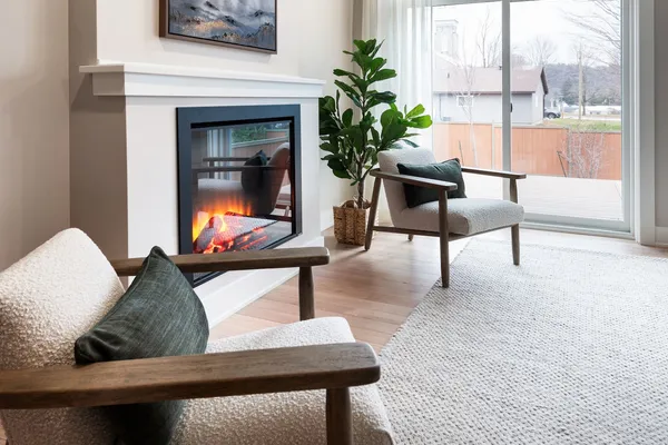 Living room of Cataraqui Bungalow Townhome at Watercolour, Westport.