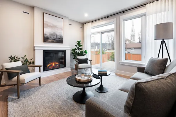 Living room of Cataraqui Bungalow Townhome at Watercolour, Westport.