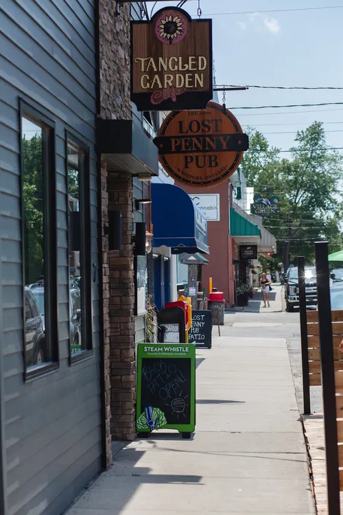 A few businesses lined together in Westport, Ontario.