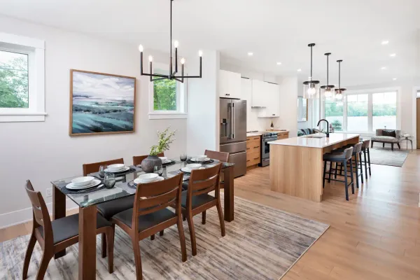 A model kitchen and dining room at Watercolour Westport.