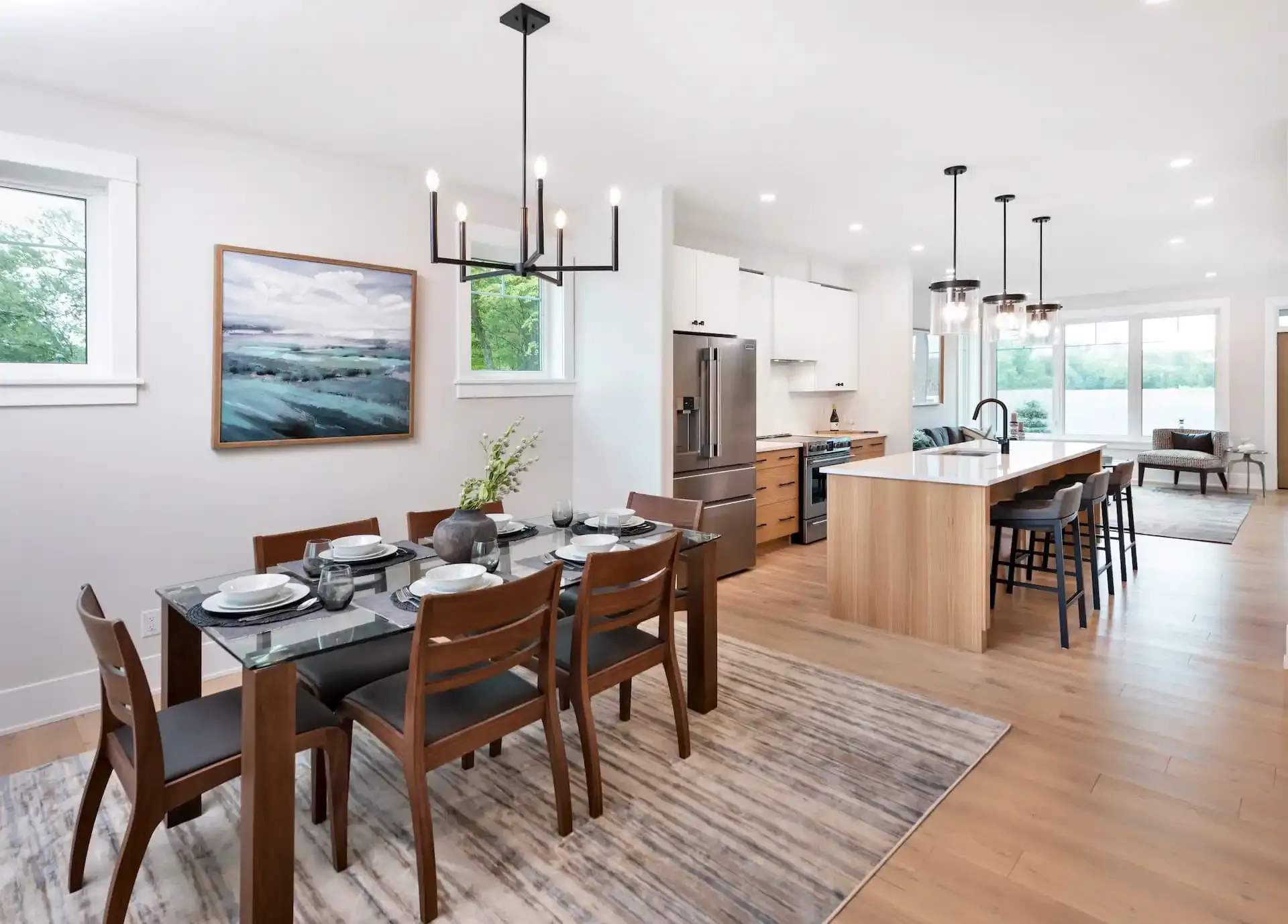 A model kitchen and dining room at Watercolour Westport.