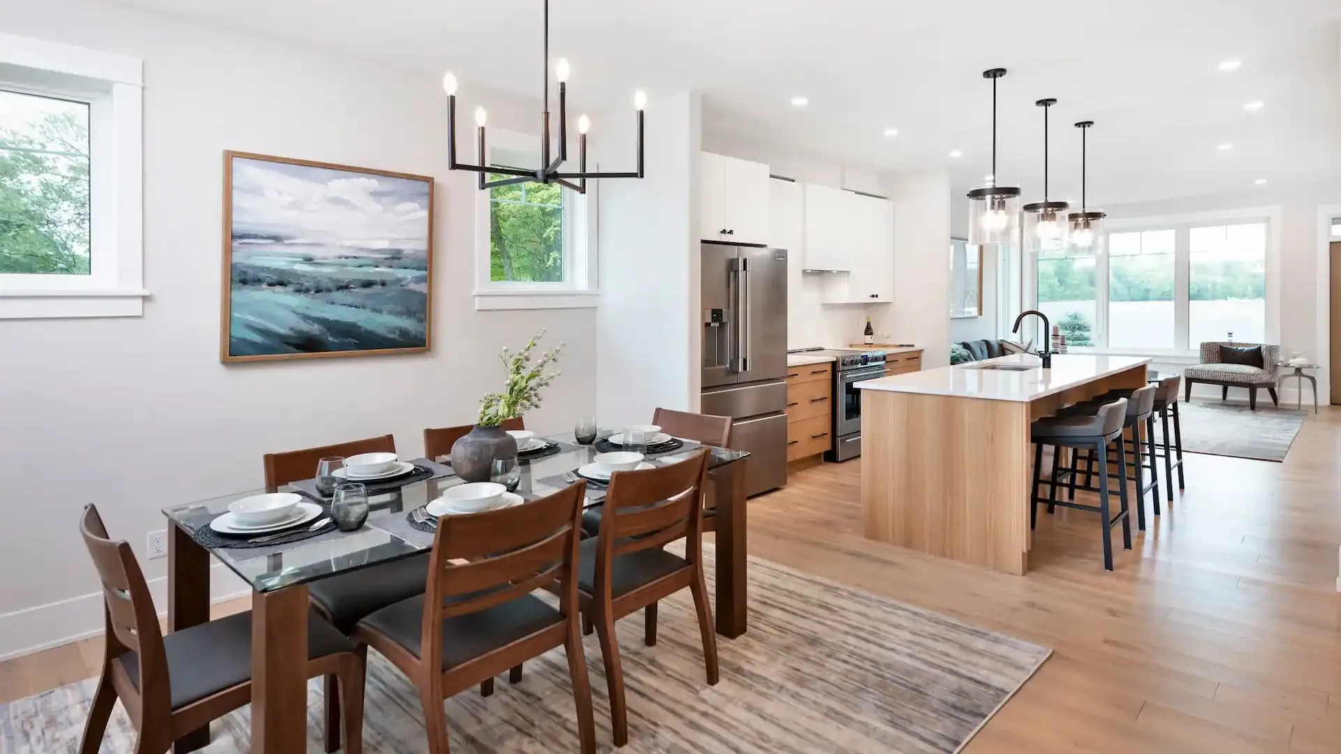 A model kitchen and dining room at Watercolour Westport.