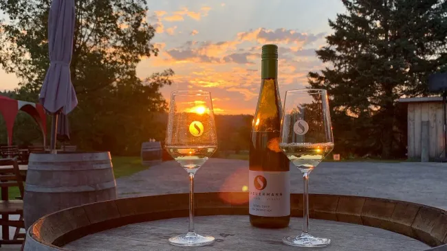 Two glasses in front of a sunset at Scheuermann winery.