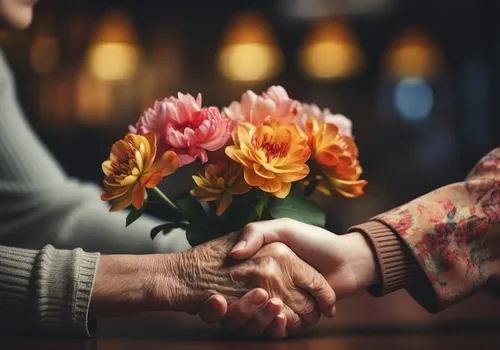 An elderly hand and hand of young person shaking in front of flowers.