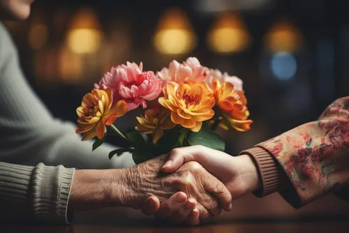 An elderly hand and hand of young person shaking in front of flowers.